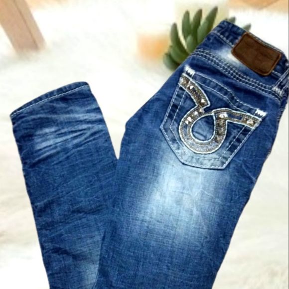 BIG STAR SWEET SKINNY Y2K ULTRA LOWRISE STUDDED BACK POCKET BLING DARK JEANS